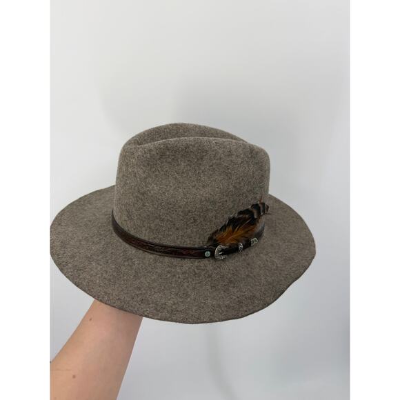 Overland Wool Felt Western Hat Size M Taupe Feather Festival Boho Renaissance main image 5